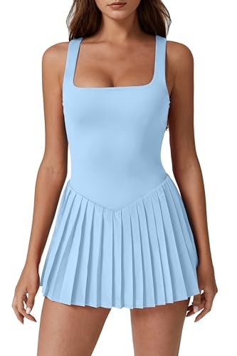 QINSEN Womens Square Neck Athletic Dress Sleeveless Pleated...