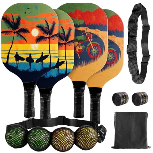 Pickleball Paddles Set of 4 with 4 Wood Paddles and