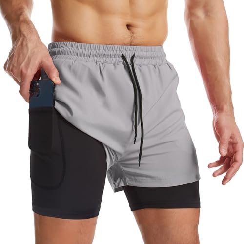 Surenow Mens 2 in 1 Running Shorts Quick Dry Zip