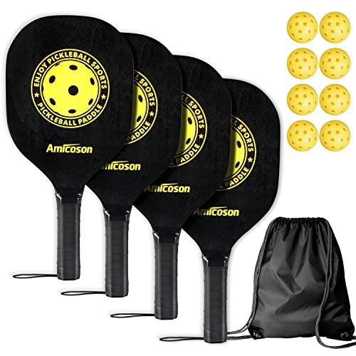 Amicoson Pickleball Paddles - Set of 4 Wood Rackets.